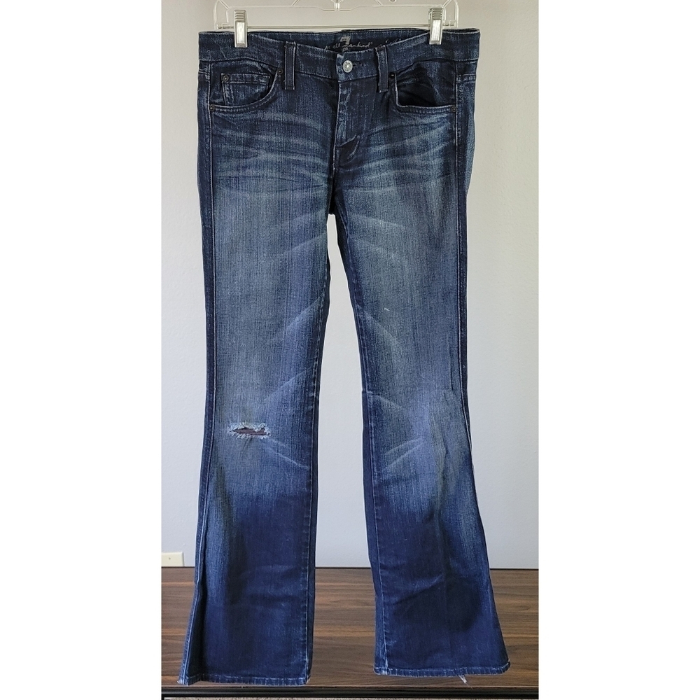 7 FOR ALL MANKIND // A pocket distressed mid-rise boot-cut stretch denim jeans